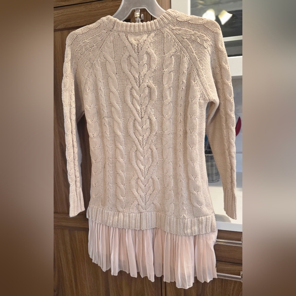 Chic Long Sleeve Cable Knit Mini Sweater Dress With A Sheer Flowy Pleated Bottom - Picture 12 of 16